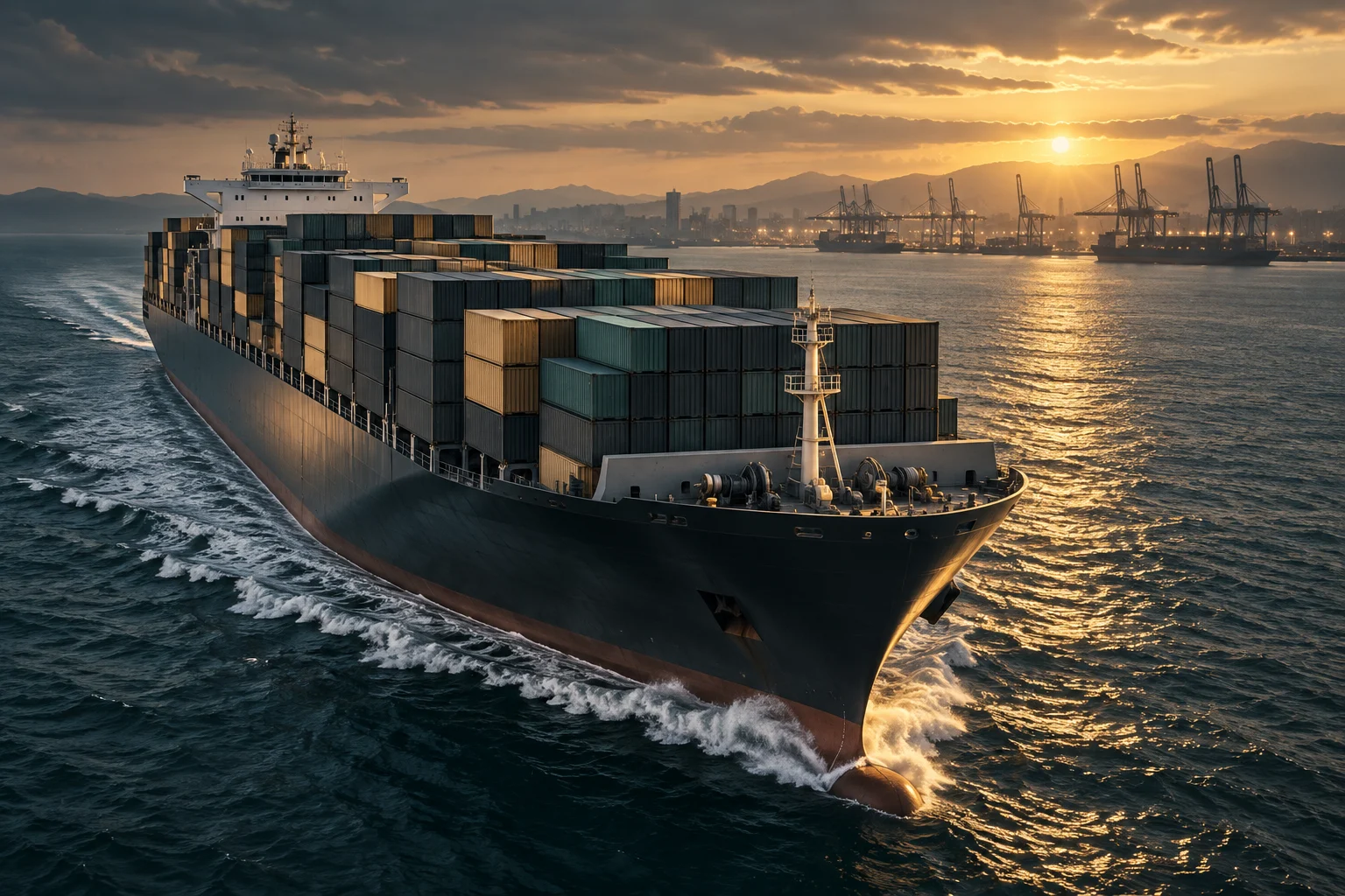Container ship approaching a port at sunset
